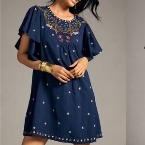 ANTHROPOLOGIE Blue Embroidered Dress with Flutter Sleeves. Lined. Pockets. Sm
